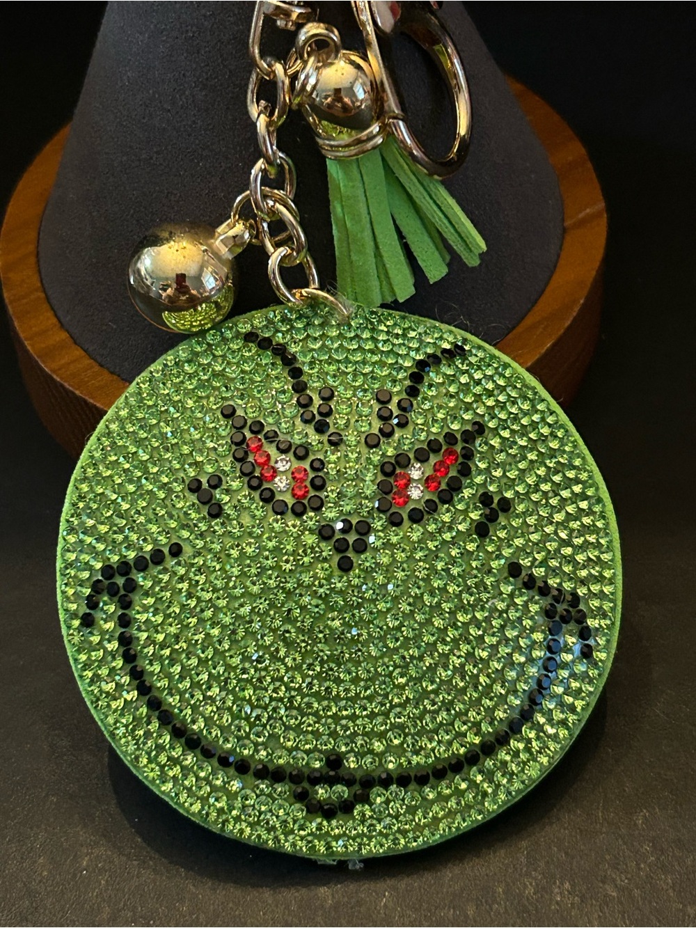 PREMIUM Puffy Green Crystal Grinch Bag Charm Keychain w/Tassel & Gold Hardware